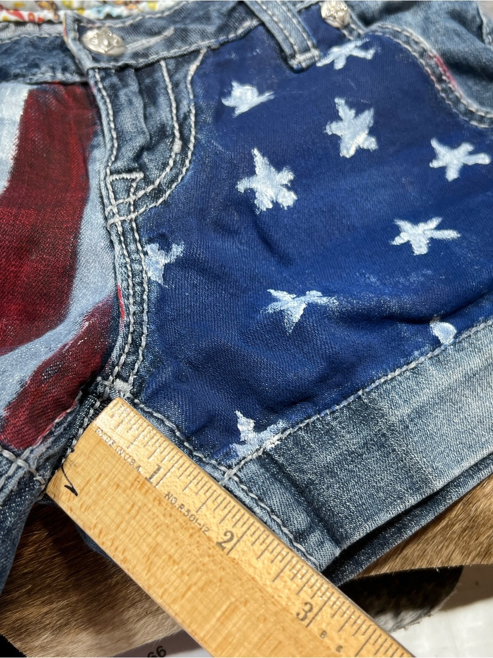 Miss Me Fun Patriotic Red & Blue American Flag Painted Denim Shorts JS4481H6- 25 - Picture 6 of 16
